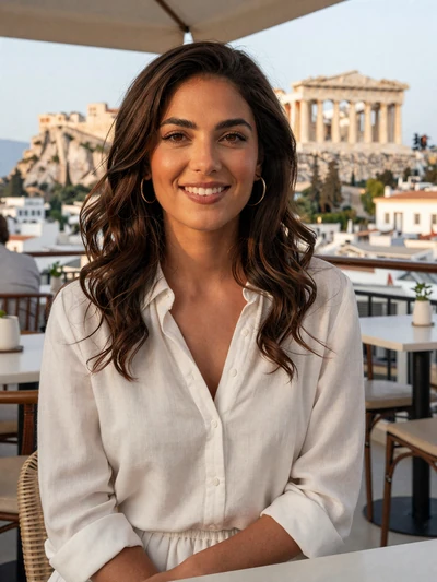 Eleni, 31, a Greek woman with olive skin and wavy dark hair at an Athens cafe overlooking the Acropolis