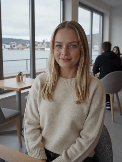 Ingrid, 29, a natural Norwegian woman at an Oslo cafe embodying Scandinavian dating equality