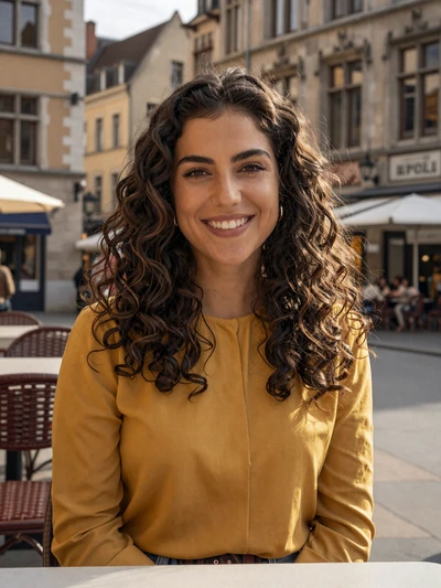Louise, 25, a Belgian woman with curly dark hair at a Liège sidewalk bistro