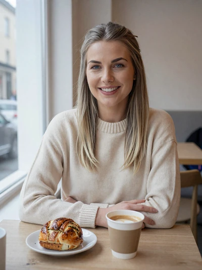 Elsa, 28, a smiling Swedish woman with ash-blonde hair at a Stockholm fika cafe