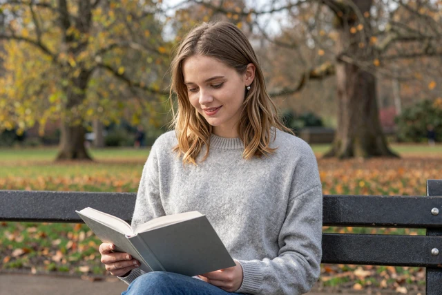 Smiling British woman reading in a London park during autumn
