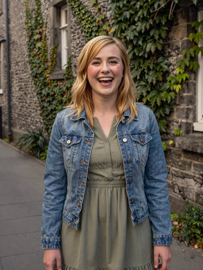 Maeve, 25, a blonde Irish woman laughing in a medieval Kilkenny alleyway