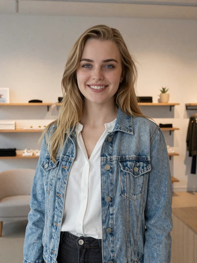 Laura, 24, a honey blonde Danish woman in a minimalist design store in Kolding