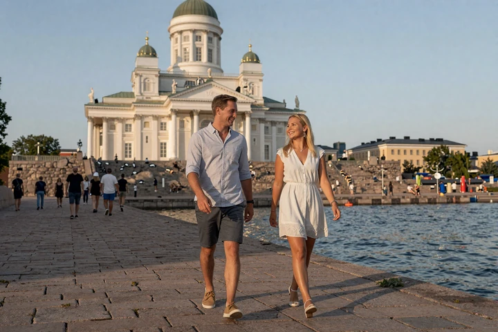 Couple walking along Helsinki waterfront promenade with Helsinki Cathedral in background during Nordic summer evening