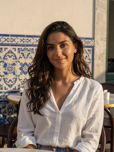 Inês, 27, a smiling Portuguese woman at a sunlit Lisbon cafe with azulejo tiles