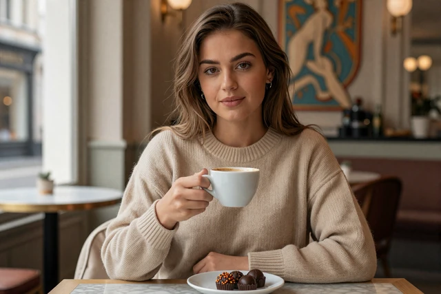 Elegant Belgian woman enjoying coffee and chocolate at a cozy Brussels Art Nouveau cafe