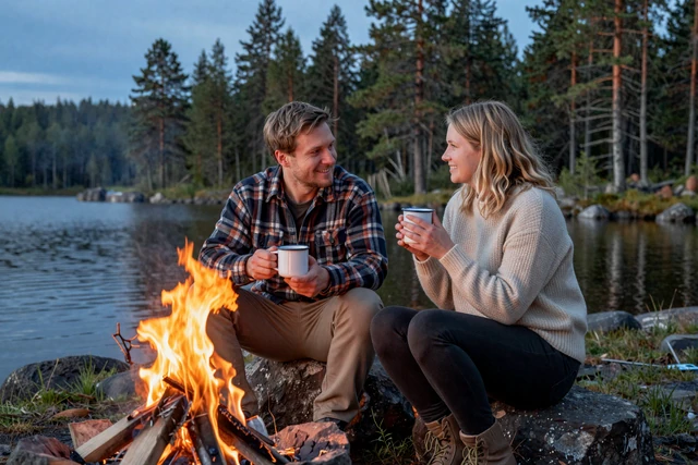 Couple sharing a campfire moment by a Finnish lake at dusk with pine forest and blue twilight sky