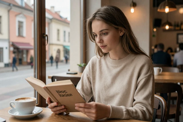 Lithuanian woman reading at a cozy Vilnius Old Town café with cappuccino and baroque architecture visible