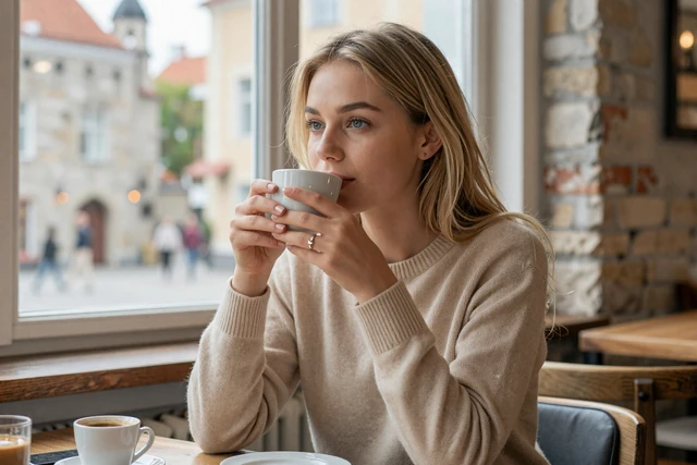 Estonian woman enjoying coffee at a cozy Tallinn Old Town cafe with medieval stone walls