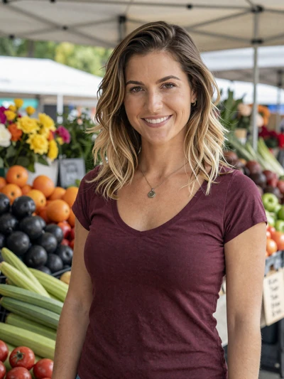 Élise, 29, a warm-smiling Luxembourg woman at a farmers market in Ettelbruck