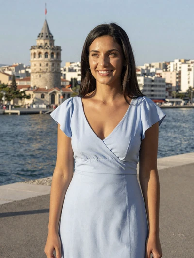 Sophia, 27, a Greek woman with hazel eyes on the Thessaloniki waterfront near the White Tower