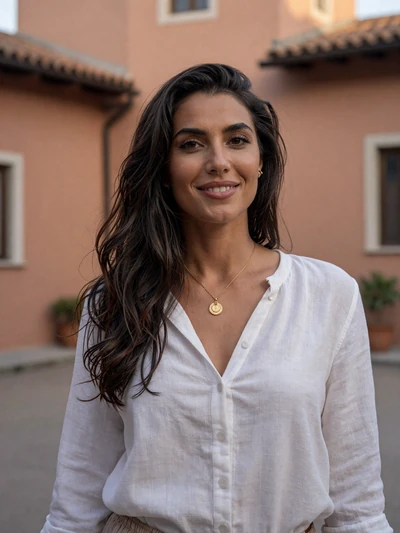 Valentina, 30, an Italian woman with dark wavy hair in a sunlit Milan courtyard