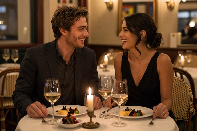 Couple enjoying a candlelit dinner at an intimate French bistro in Paris