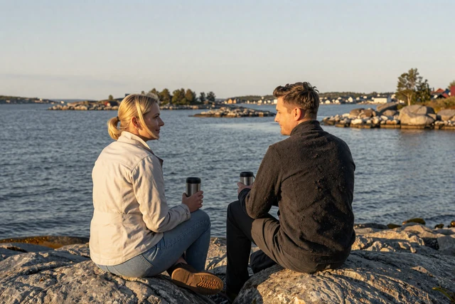 Couple sharing coffee on rocks at the Swedish archipelago with Baltic Sea islands in background