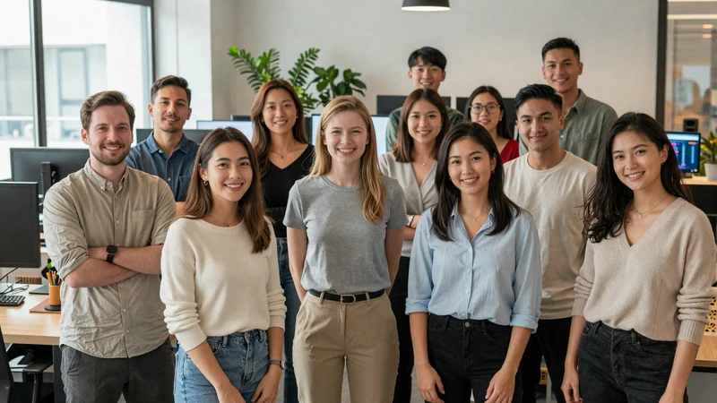 The Chatdatingd team in their modern office, a diverse group of professionals dedicated to European dating