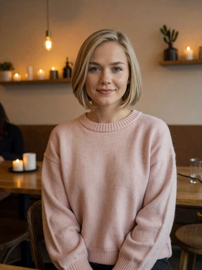 Mette, 25, Danish woman smiling in a cozy hygge-style Copenhagen cafe