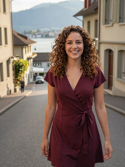Mia, 25, a French Swiss woman with curly chestnut hair on a Lausanne terrace overlooking Lake Geneva