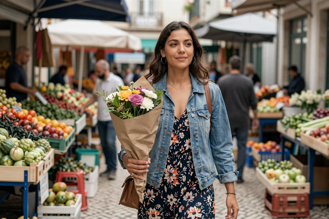 Portuguese woman carrying fresh flowers at a Lisbon street market with colorful produce stalls