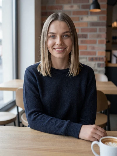 Kersti, 28, a smiling Estonian woman at a modern cafe in Tallinn Old Town