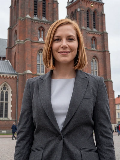 Sofie, 36, an auburn-haired Danish woman near Roskilde Cathedral