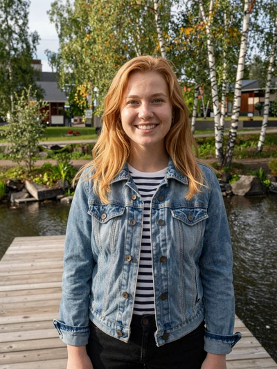 Henna, 25, a Finnish woman with strawberry blonde hair on a bridge in Jyväskylä
