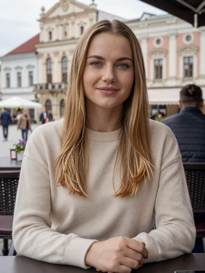 Austėja, 28, a smiling Lithuanian woman at a café terrace in Vilnius Old Town