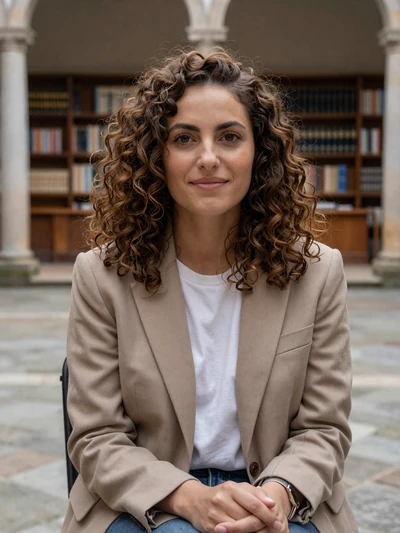 Catarina, 32, a Portuguese woman at the historic University of Coimbra courtyard