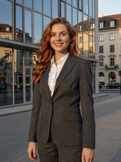 Sophie, 33, an auburn-haired Luxembourg professional woman near a modern building in Dudelange