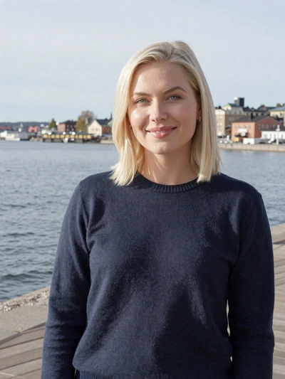 Aino, 28, a smiling Finnish woman with platinum blonde hair at Helsinki waterfront