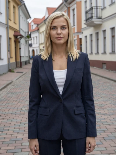 Inese, 30, a confident Latvian woman with platinum blonde hair on a Ventspils cobblestone street