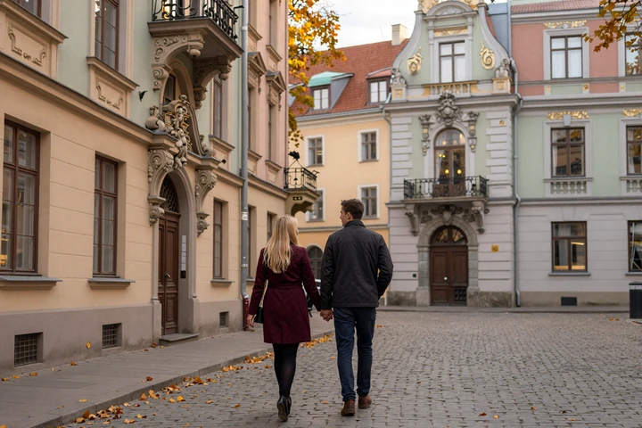 Couple walking hand in hand through the Art Nouveau district of Riga on an autumn day