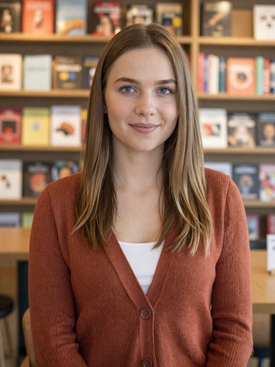 Rūta, 30, a Lithuanian woman in a cozy bookshop café in Šiauliai