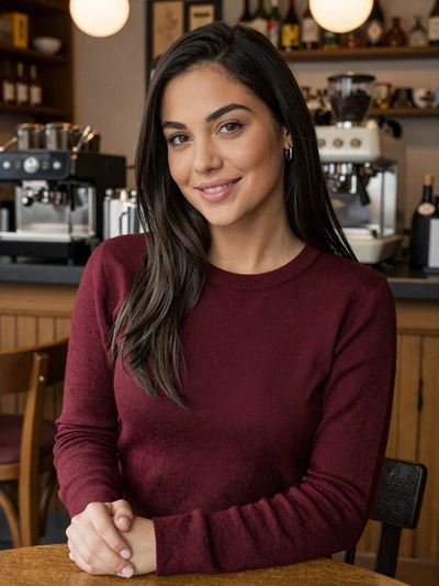 Giulia, 29, a confident Italian woman enjoying espresso at a Milan cafe