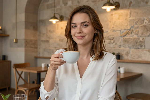 Luxembourg woman enjoying a cappuccino at a cozy European cafe with warm ambient lighting