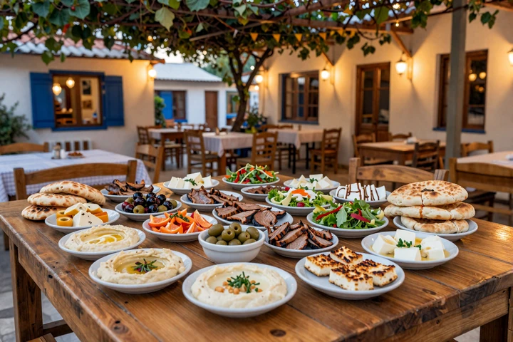 Traditional Cypriot meze spread with halloumi, olives, and grilled dishes at an outdoor taverna
