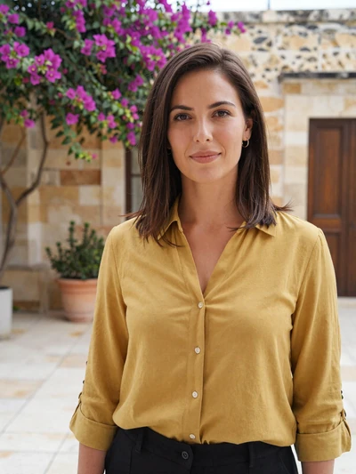 Charlene, 33, a professional Maltese woman in a sunny courtyard garden with bougainvillea