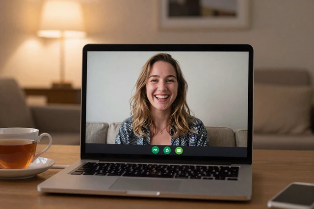 Video call between American man and British woman on laptop in cozy setting