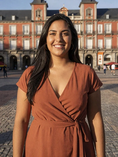 Isabel, 28, a Spanish woman with black hair smiling brightly in a Madrid plaza