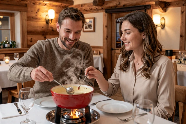 Couple enjoying traditional Swiss fondue together at a cozy candlelit chalet restaurant