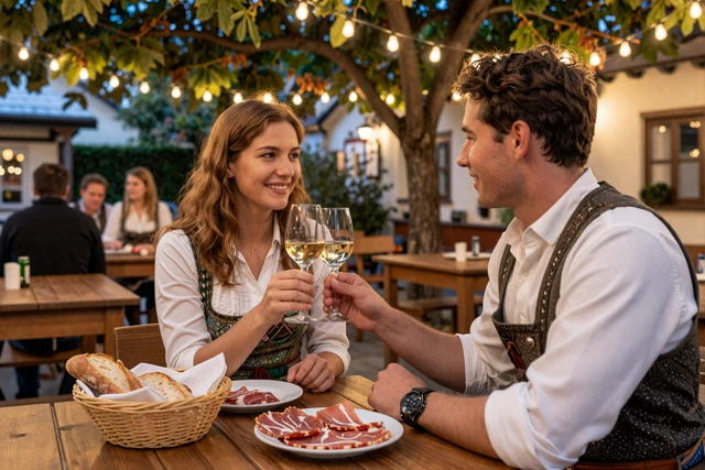 Couple sharing wine at a traditional Heuriger wine tavern garden in Vienna with string lights