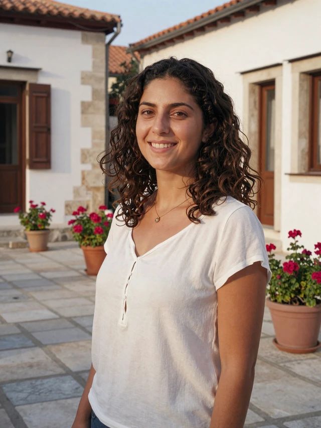 Cypriot woman standing in a charming village square with stone buildings and blooming geraniums