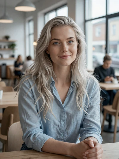 Sólveig, 25, a silver-blonde Icelandic woman at a trendy minimalist cafe in Reykjavik