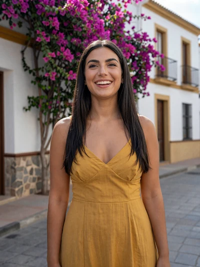 Ana, 28, a joyful Spanish woman on a Málaga street with bougainvillea flowers
