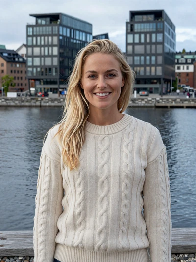 Ingrid, 31, Norwegian woman with honey blonde hair on Oslo waterfront promenade
