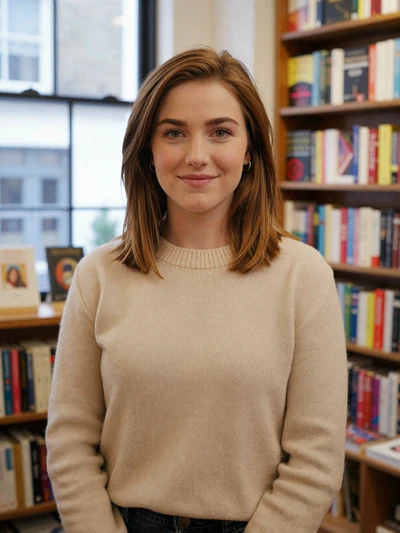 Charlotte, 27, a warm British woman smiling in a cozy London bookshop
