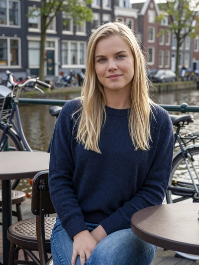 Femke, 28, a blonde Dutch woman smiling at an Amsterdam canal-side cafe