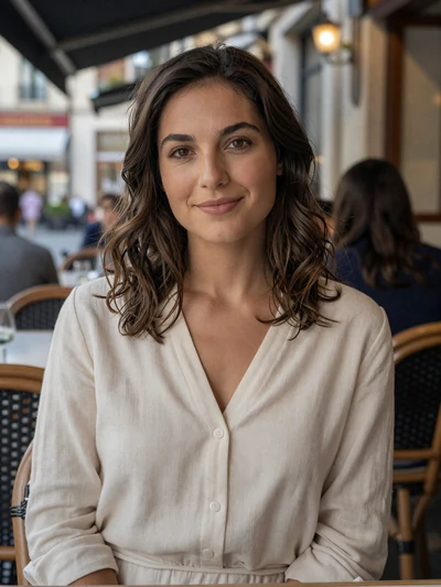 Juliette, 27, a French woman smiling at an outdoor restaurant in Lyon
