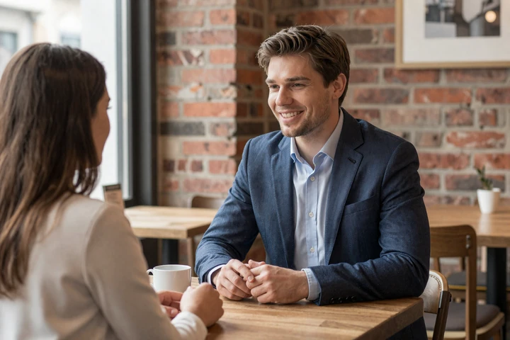 American man having an engaging first date conversation at a cozy European cafe