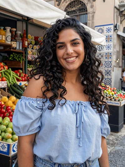 Elena, 28, a vibrant Italian woman at a colorful Palermo street market