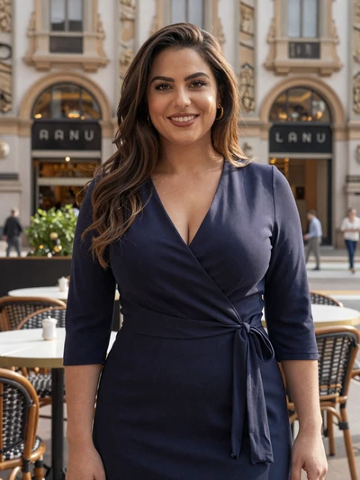 Giulia, 30, Italian woman with dark hair smiling confidently outside a Milan cafe